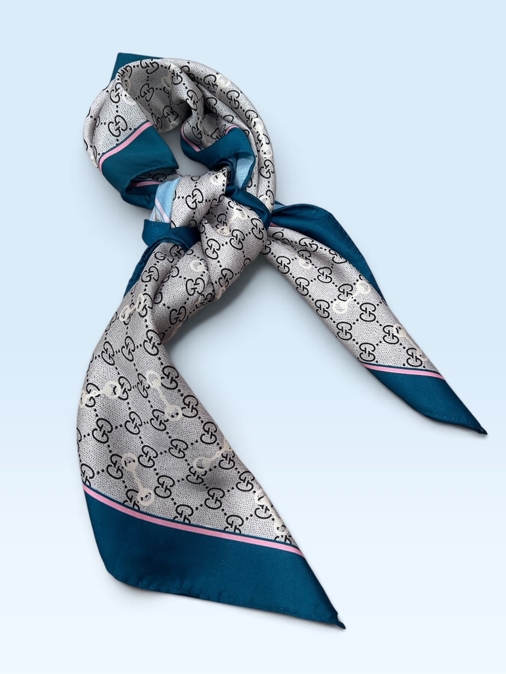 GG Teal, Silver & Pink Monogram Silk Scarf